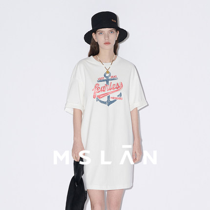 【100%棉】MSLAN春夏简约宽松印花棉质T恤连衣裙MFBE4103