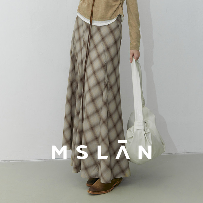 MSLAN松弛秋日 格纹飘逸半身裙多片不规则拼接伞摆鱼尾裙MGCQ380