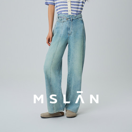 MSLAN夏季美式复古做旧牛仔裤