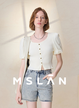 【时尚泡泡袖】MSLAN夏季简约修身方口领针梭拼套衫MFCE1302