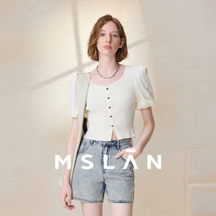 白色针织衫 方口领针梭拼套衫 简约修身 「清仓2折」MSLAN夏季