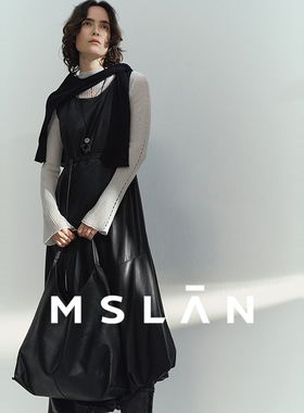秀场同款/MSLAN复古V领法式黑色皮裙收腰背心裙连衣裙MHAT074