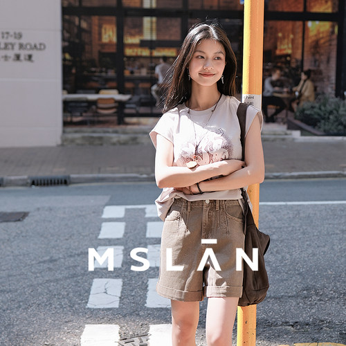 MSLAN复古纯棉分割五分牛仔短裤