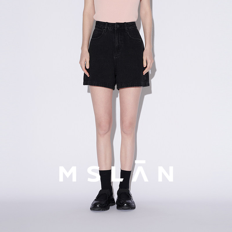 MSLAN26春 时髦A字棉质藏肉高腰黑色休闲牛仔短裤女MGBN