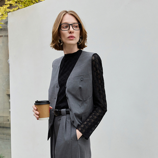 收腰无袖 冷淡风烟灰V领修身 MSLAN春季 短马甲女MFCW012 格雷系