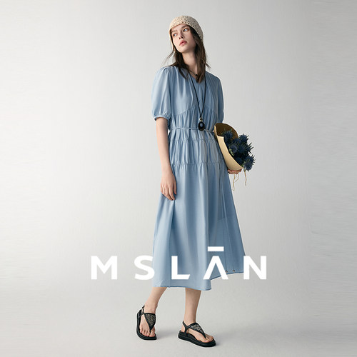 MSLAN法式赫本风高腰压褶连衣裙