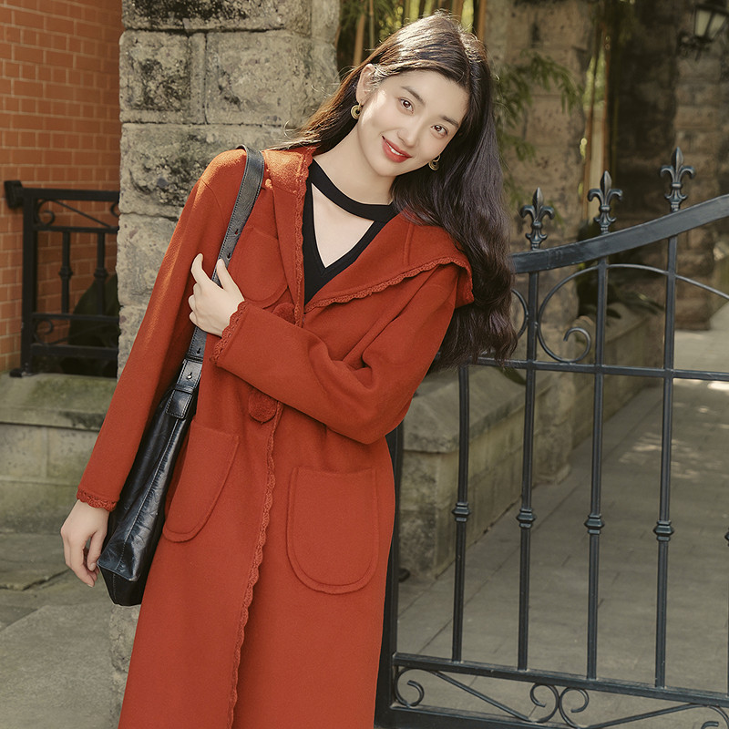 MSLAN红运自在 重磅山羊绒混纺花边双面呢大衣红色毛呢外套