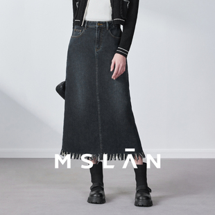 流苏牛仔裙 简约黑色A字半身裙MGAQ354 MSLAN商场同款