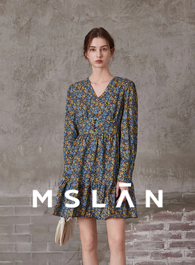 MSLAN博主同款优雅南法印花收腰连衣裙V领长袖短裙MFAV4106