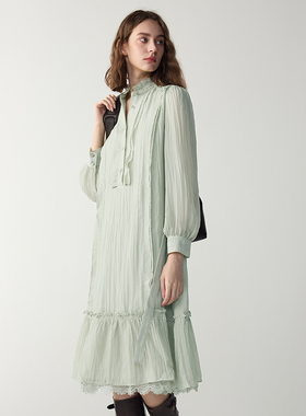 浅春系/MSLAN春季气质法式立领荷叶边茶歇裙长款连衣裙MGAT011