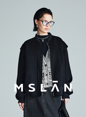 MSLAN冬季时尚黑色山羊绒混纺大衣立领宽松率性夹克款双面呢外套