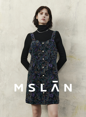 复古灯芯绒|MSLAN时髦知识分子提花背带收腰连衣裙女MFAA5103