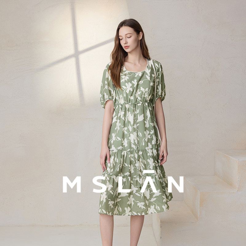 MSLAN南法风连衣裙 夏季法式方领印花泡泡袖收腰