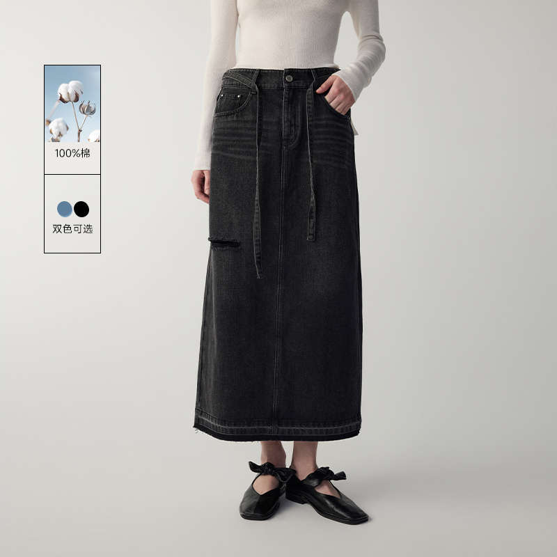 MSLAN|商场同款秋季绑带磨破水洗棉中长款宽松牛仔半身裙