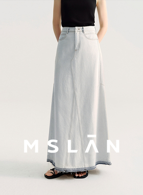 做旧牛仔裙/MSLAN复古分割高腰a字牛仔裙100棉显瘦开叉半身裙春季
