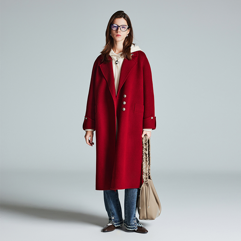 100%绵羊毛/MSLAN新年红宽松新年毛呢外套民俗红色双面呢大衣
