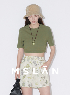 【弹力罗纹】MSLAN春季复古绿色圆领个性露腰短款T恤MFAM1103
