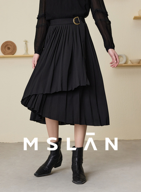 【重工压褶】MSLAN春季黑色不对称垂感A字半身裙中长裙MEAA8207