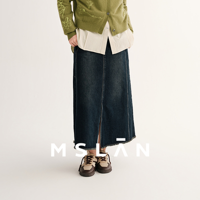 MSLAN复古丹宁 高腰开叉显瘦纯棉半身裙直筒裙复古牛仔裙MGDQ092