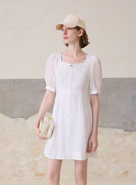 小蛮腰/MSLAN夏季重工莱赛尔小白裙镂空度假连衣裙MECE4121