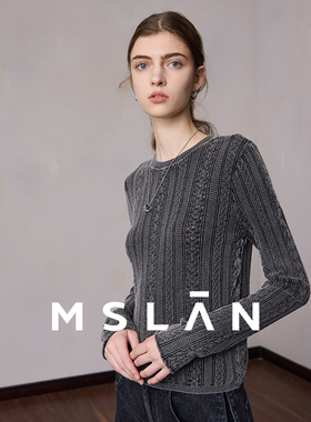 MSLAN秋季复古做旧脏洗圆领打底衫废土风质感花灰针织套衫女