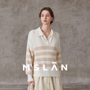 MSLAN燕麦条纹 25秋圈圈纱复古宽松条纹撞色落肩翻领针织套衫