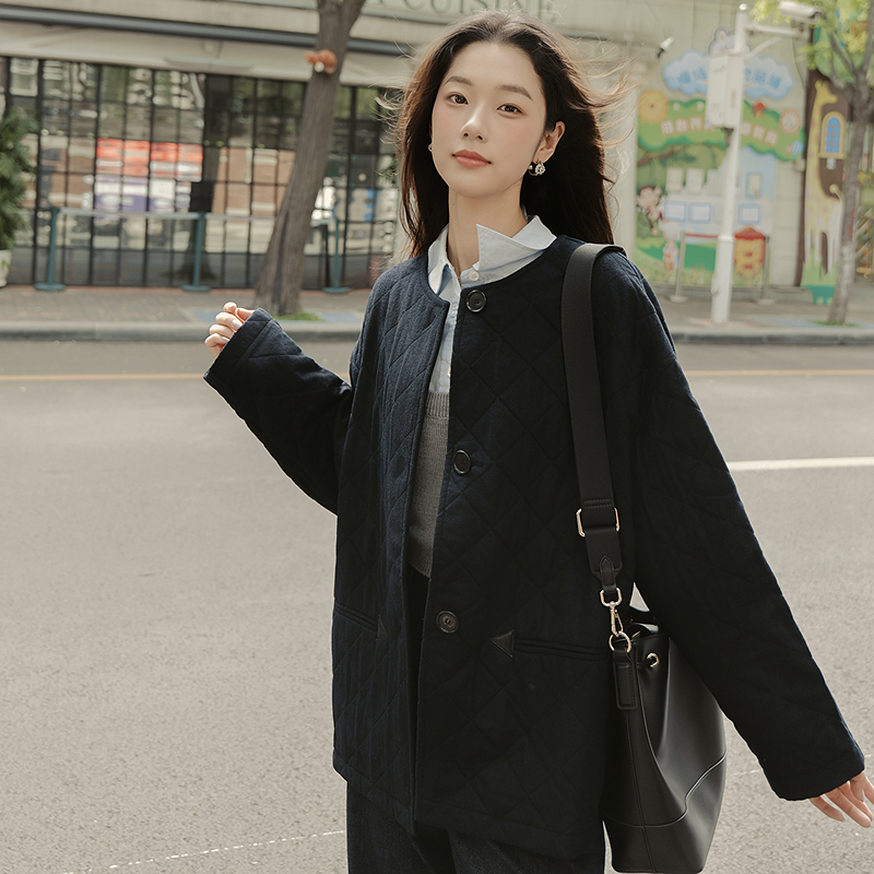 MSLAN老钱复古 时髦菱格毛呢含骆驼绒保暖夹克外套