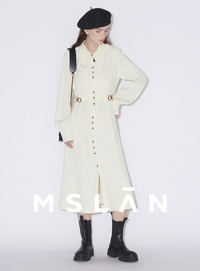 MSLAN法式重工质感金属扣皱褶收腰提花连衣裙MEAE4101