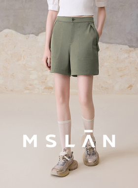MSLAN美式工装风短裤 复古绿色斜纹肌理宽松短裤