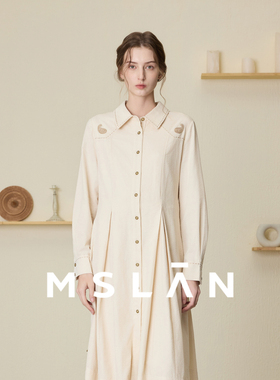 【100%棉连衣裙】MSLAN春季复古质感绣花法式收腰长裙MEDE4108