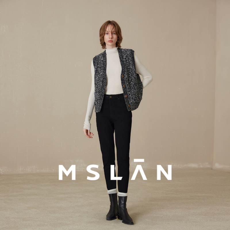【弹力修身小脚裤】MSLAN奥莱黑色棉质显瘦高腰牛仔裤MEDV7