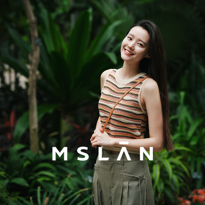 MSLAN镂空花边领条纹针织背心