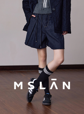 【100%棉】MSLAN早春时尚牛仔压褶短裤宽松A字百慕大裤子MFBN6103