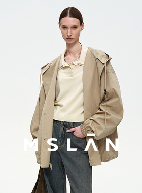 MSLAN春季复古宽松落肩BF风飞行夹克外套独特连帽大廓型短外套