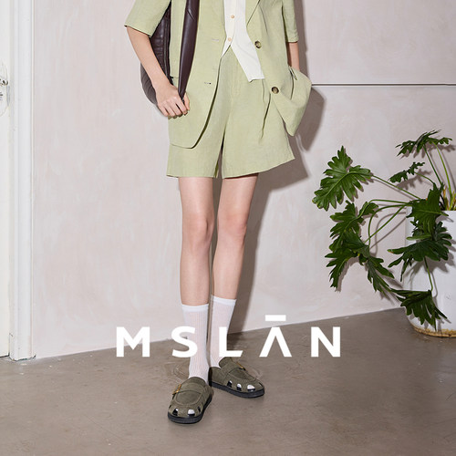 亚麻西裤/MSLAN商场同款夏季麻感镂空扭结百慕大短裤女MGBK116