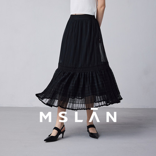 MSLAN时髦褶皱拼接蕾丝半身裙