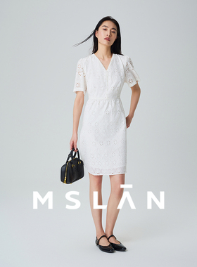 MSLAN春夏度假风女装V领花边镂空短袖连衣裙