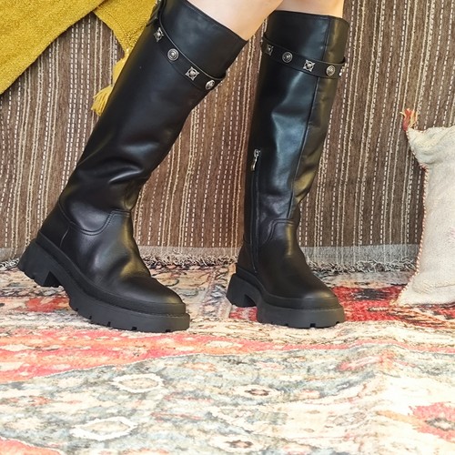 MSLAN星星靴 品牌复古厚底骑士靴女鞋黑色靴子皮靴