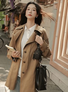 MSLAN巴黎旧梦 大廓形收腰设计老钱风中长款收腰修身卡其风衣外套