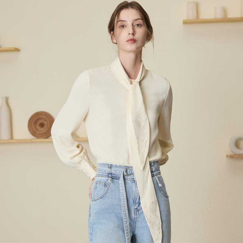 MSLAN绑带立体绣花长袖衬衫