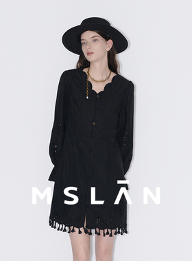 【天丝棉】MSLAN春季黑色民族感镂空绣花流苏连衣裙MFCE4101