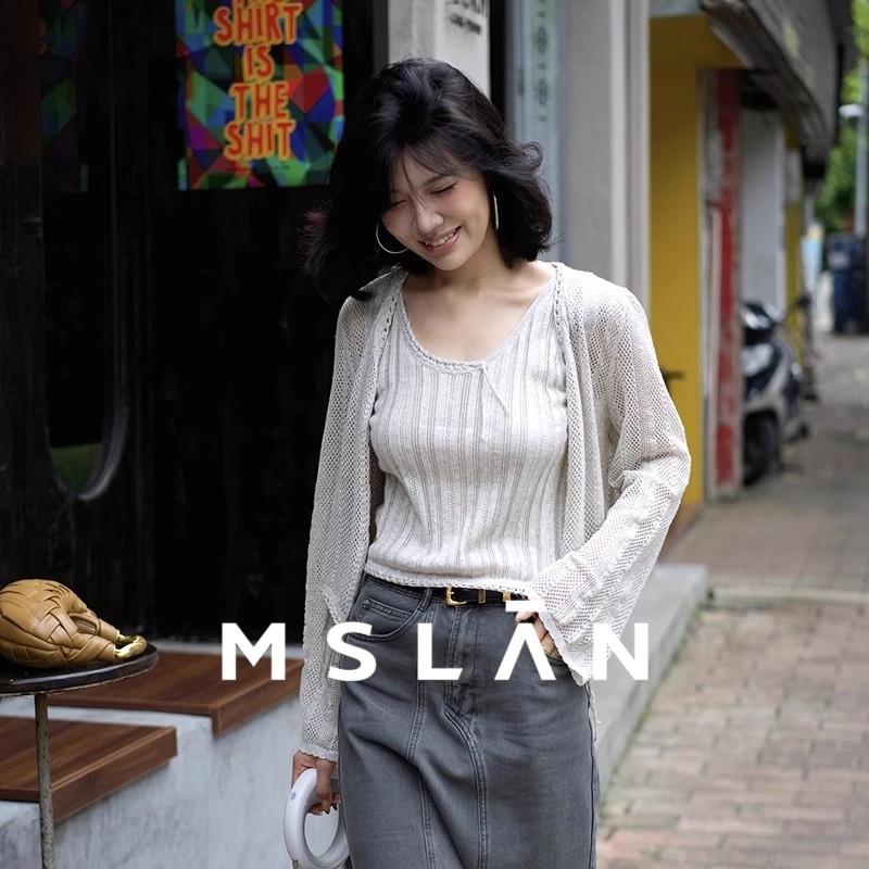 知识分子/MSLAN格雷系飘带开衫两件套 宽松镂空吊带针织衫MGCT450