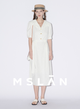 【海军领】MSLAN春夏优雅法式白色提花收腰长裙连衣裙MFBE4101