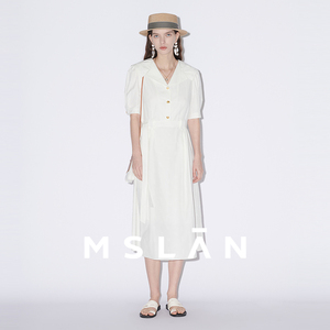 【海军领】MSLAN春夏优雅法式白色提花收腰长裙连衣裙MFBE4101