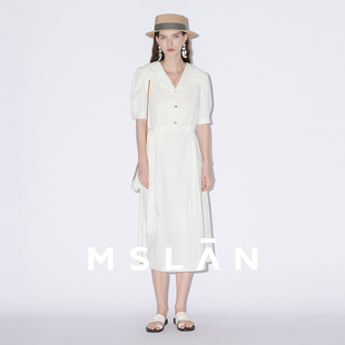 MSLAN春夏优雅法式 白色提花收腰长裙连衣裙MFBE4101 海军领
