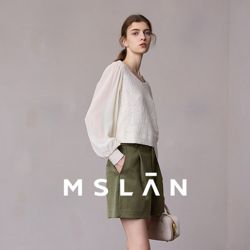 MSLAN遮肉泡泡袖方领收腰针织衫