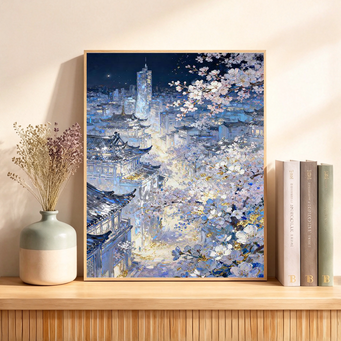 高难度古城樱花DIY数字油画填色