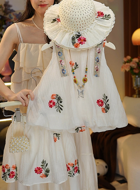 【送帽子】夏季新款儿童时尚花朵刺绣两件套女孩夏装套装HCB632