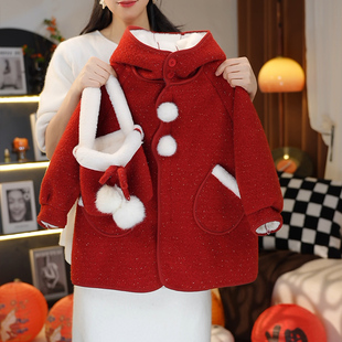 新款 大衣冬季 送包包 宽松拜年服连帽加绒外套MZE427 现货