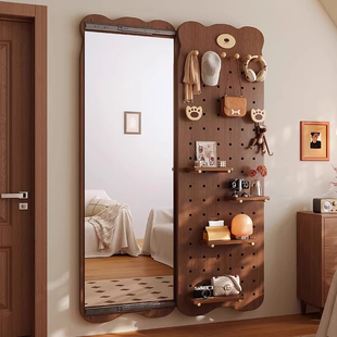 小熊洞洞板穿衣镜隐藏式推拉全身镜实木家用壁挂造型墙玄关试衣镜